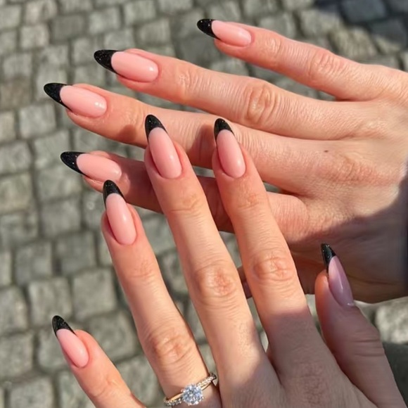 Acrylic Medium Almond Tip Black French Manicure Nails Professional Gothic Chic - Picture 1 of 6